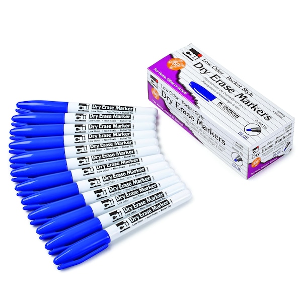 Dry Erase Markers, Low Odor, Bullet Tip, Blue, PK36